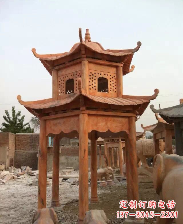 信阳晚霞红双层凉亭石雕