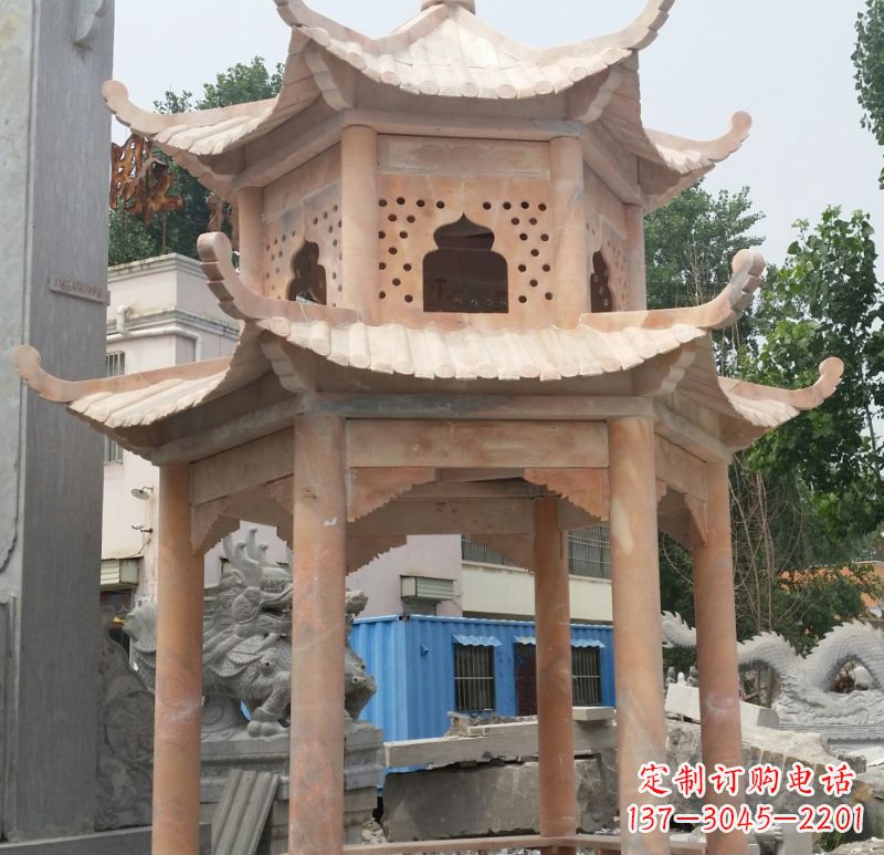 信阳晚霞红双层六角凉亭石雕 (2)