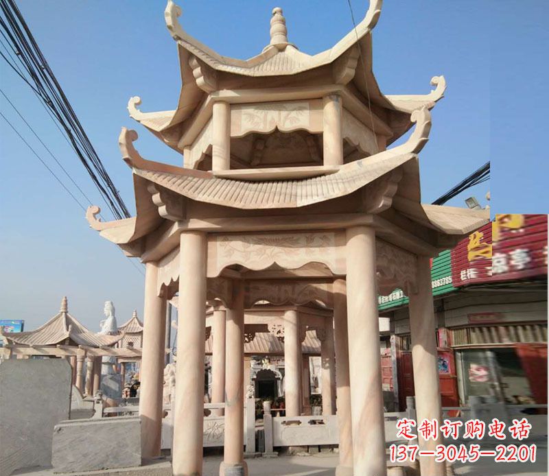 信阳晚霞红双层六角凉亭石雕 (3)