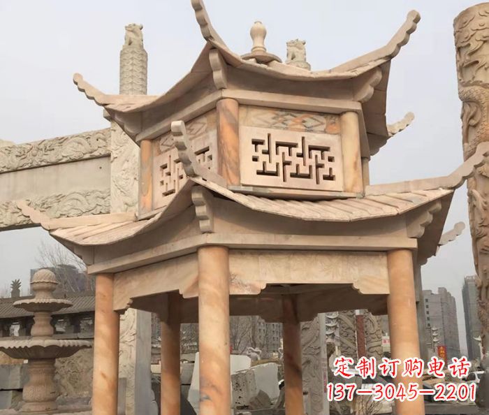 信阳晚霞红双层石雕凉亭