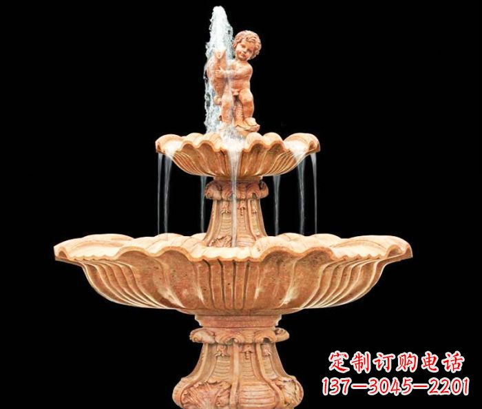 信阳晚霞红小孩抱鱼石雕喷泉