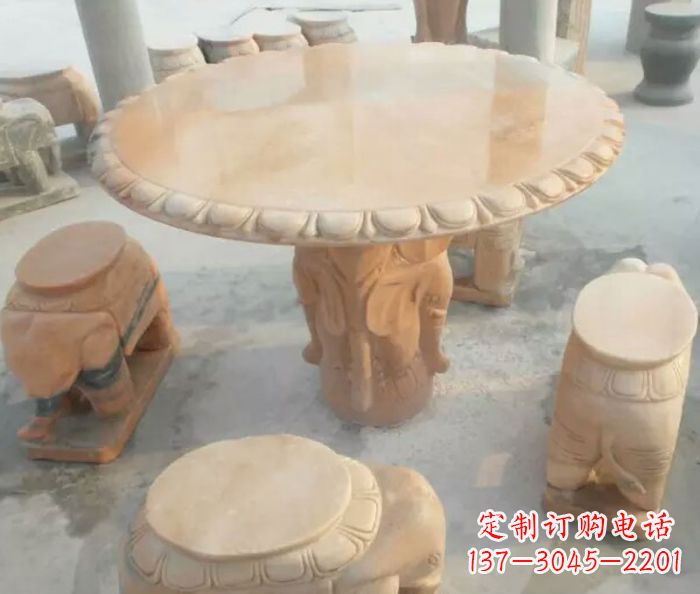 信阳晚霞红小象桌凳别墅石雕 (2)