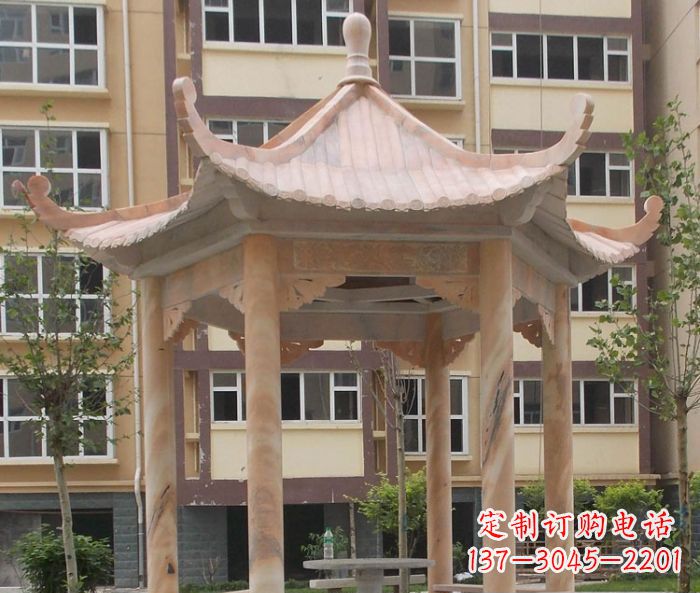 信阳小区晚霞红六角凉亭石雕