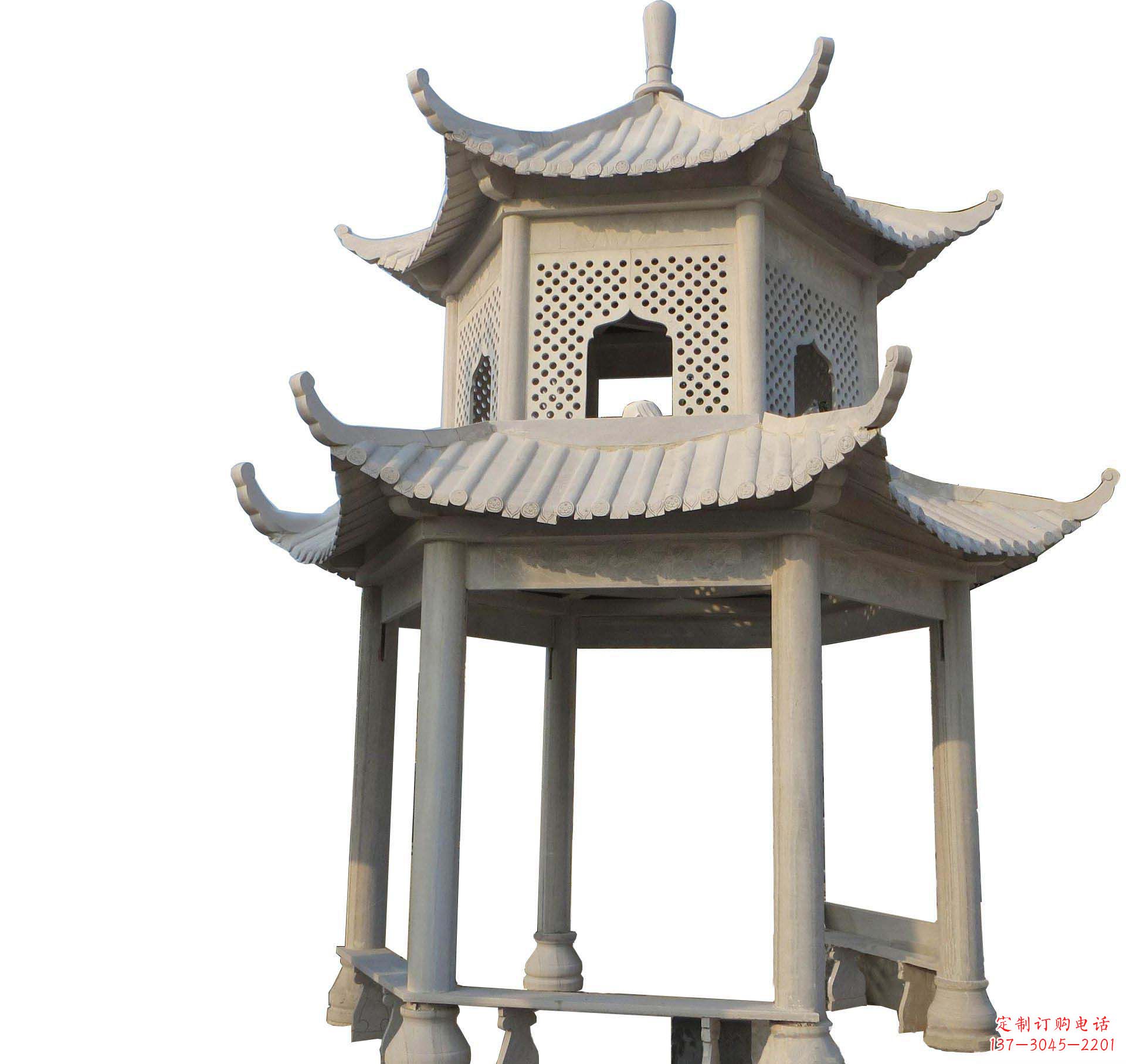 信阳园林景观大理石六角石雕双层凉亭
