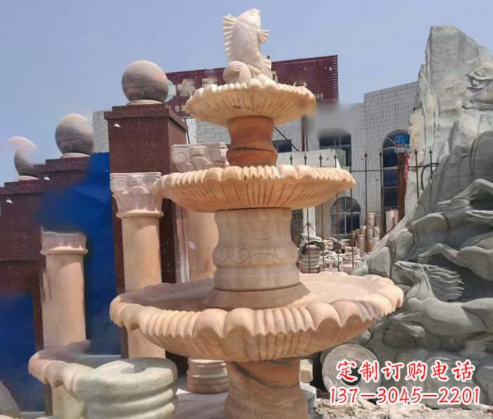 信阳园林景观晚霞红鲤鱼喷泉石雕
