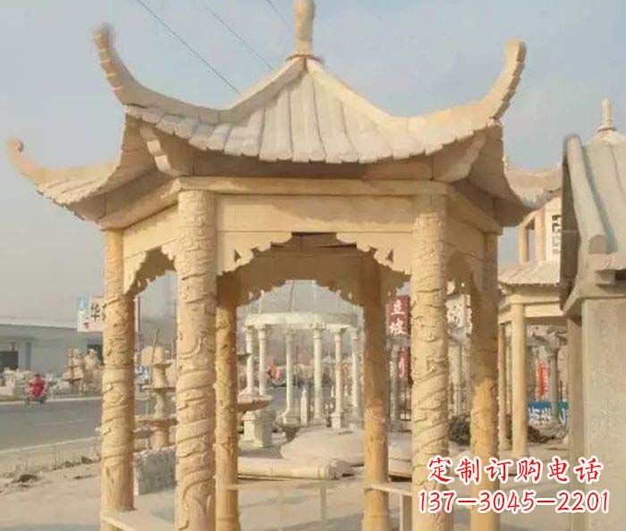 信阳园林景观晚霞红六角石雕凉亭 (3)