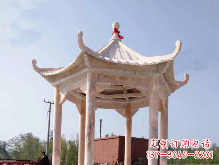 信阳园林景观晚霞红六角石雕凉亭
