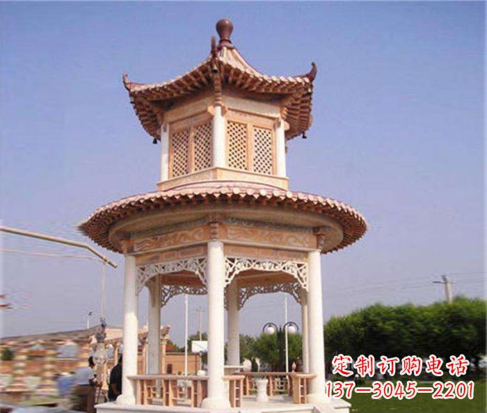 信阳园林景观晚霞红双层石雕凉亭 (4)