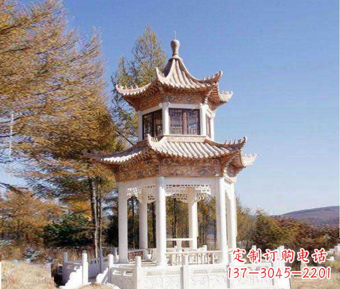 信阳园林景观晚霞红双层石雕凉亭 (3)
