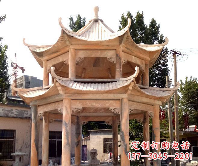 信阳园林景观晚霞红双层石雕凉亭