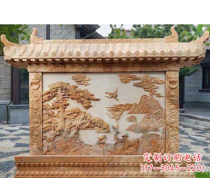 信阳园林景观晚霞红松鹤石浮雕影壁
