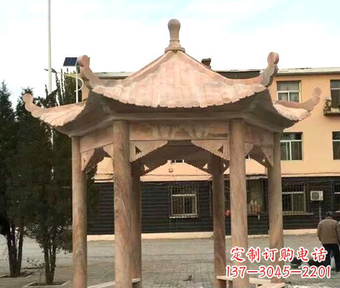 信阳园林晚霞红六角石雕凉亭