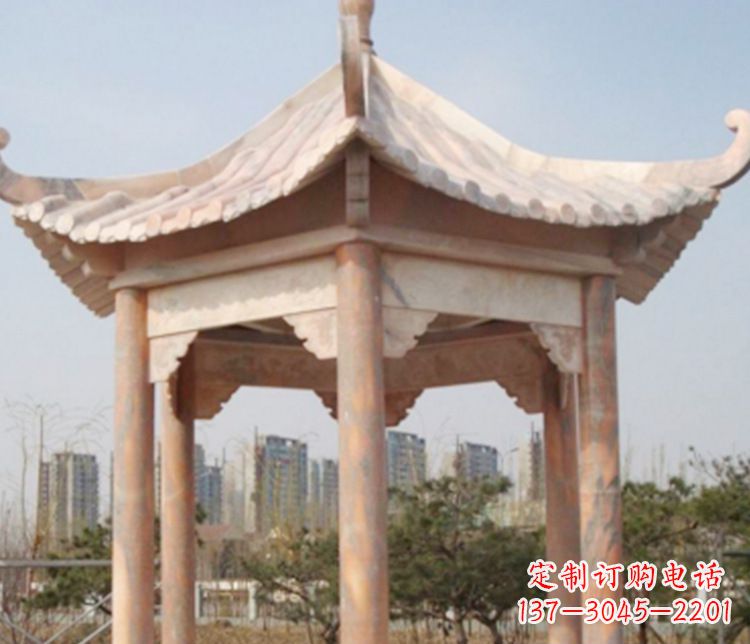 信阳园林晚霞红六角石凉亭景观石雕