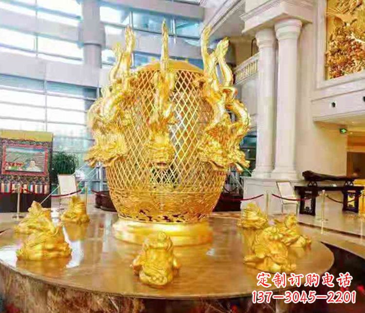 信阳张衡地动仪企业景观雕塑摆件纯铜鎏金古仪器