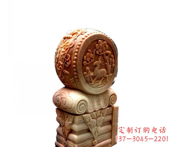 信阳招财石门墩晚霞红抱鼓石