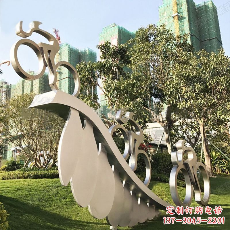 信阳自行车雕塑-抽象不锈钢骑自行车人物景观雕塑